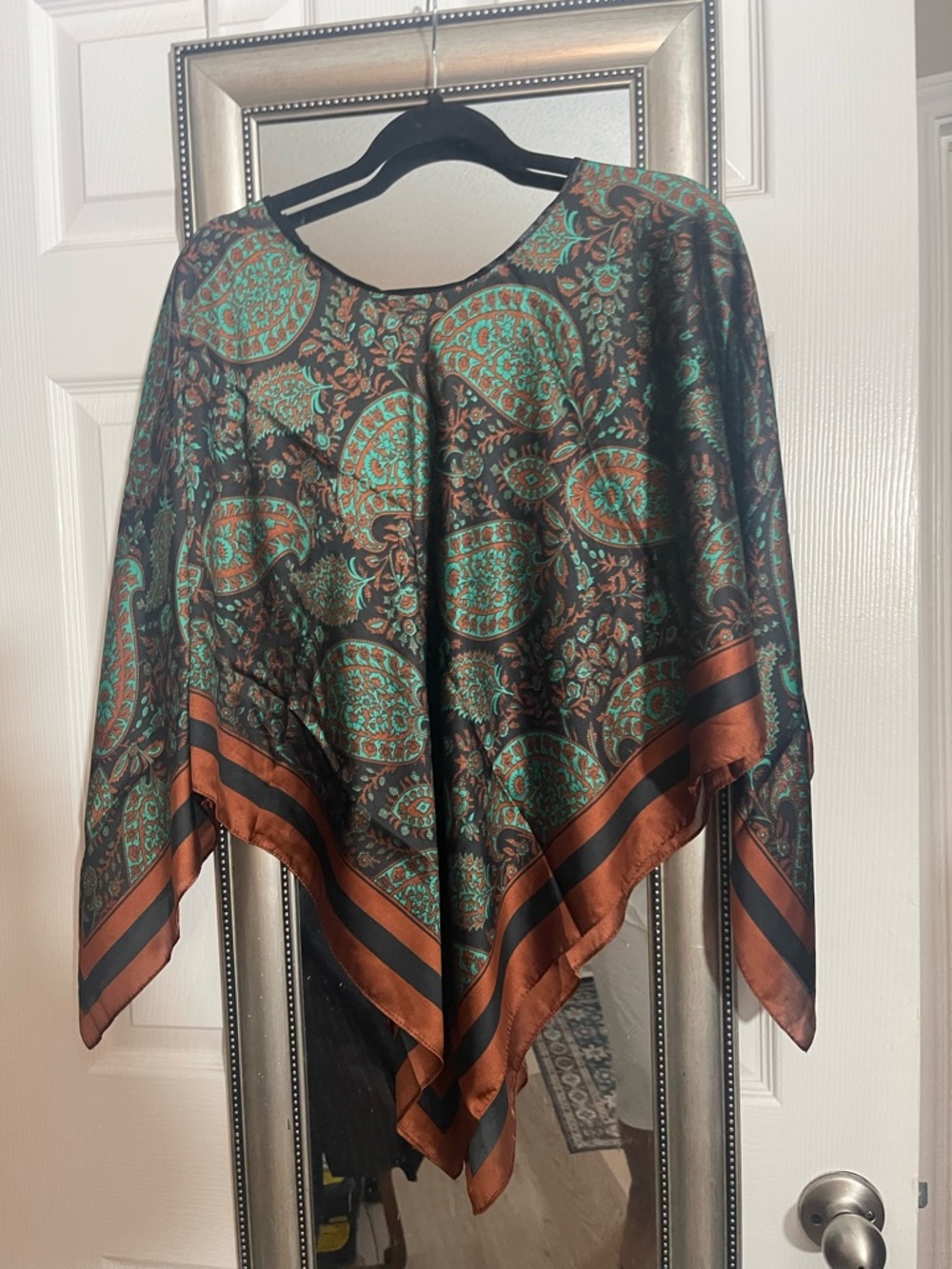 Paisley Print Poncho Tunic in Black & Teal with Rust Trim what size fits all